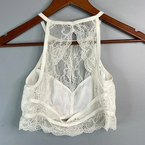 SIGNATURE8 Lace Bralette Crop Top Ivory Keyhole Open Back Stretch Lined Size L - Picture 3 of 8
